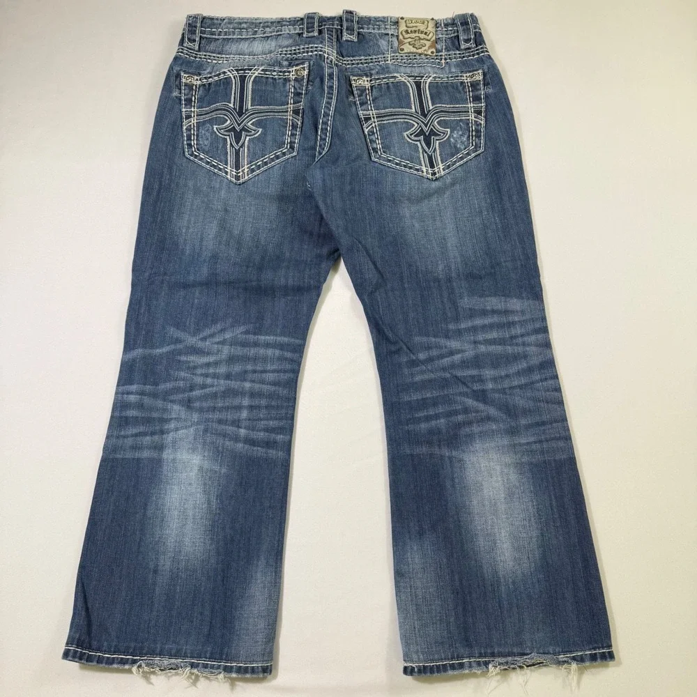 Rock Revival Jeans Mens 36 (fits 37x28) Blue Aaron Bootcut Distressed Moto Y2K